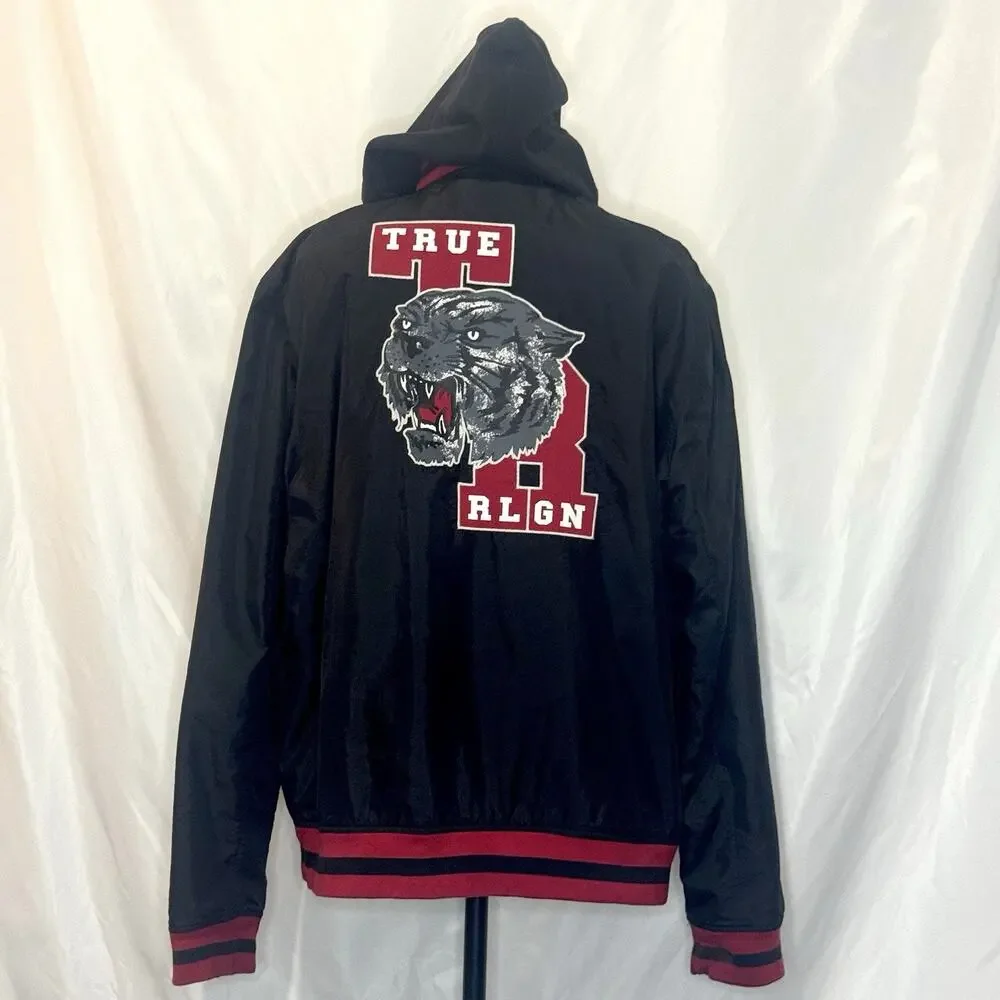 True Religion Varsity Jacket Mens 3XL Black Hooded Snap Front Panther Patch Y2K